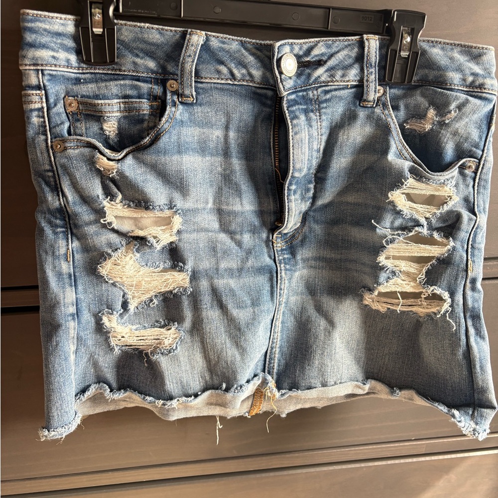 American Eagle Outfitters Light Blue Distressed Denim Mini Skirt
